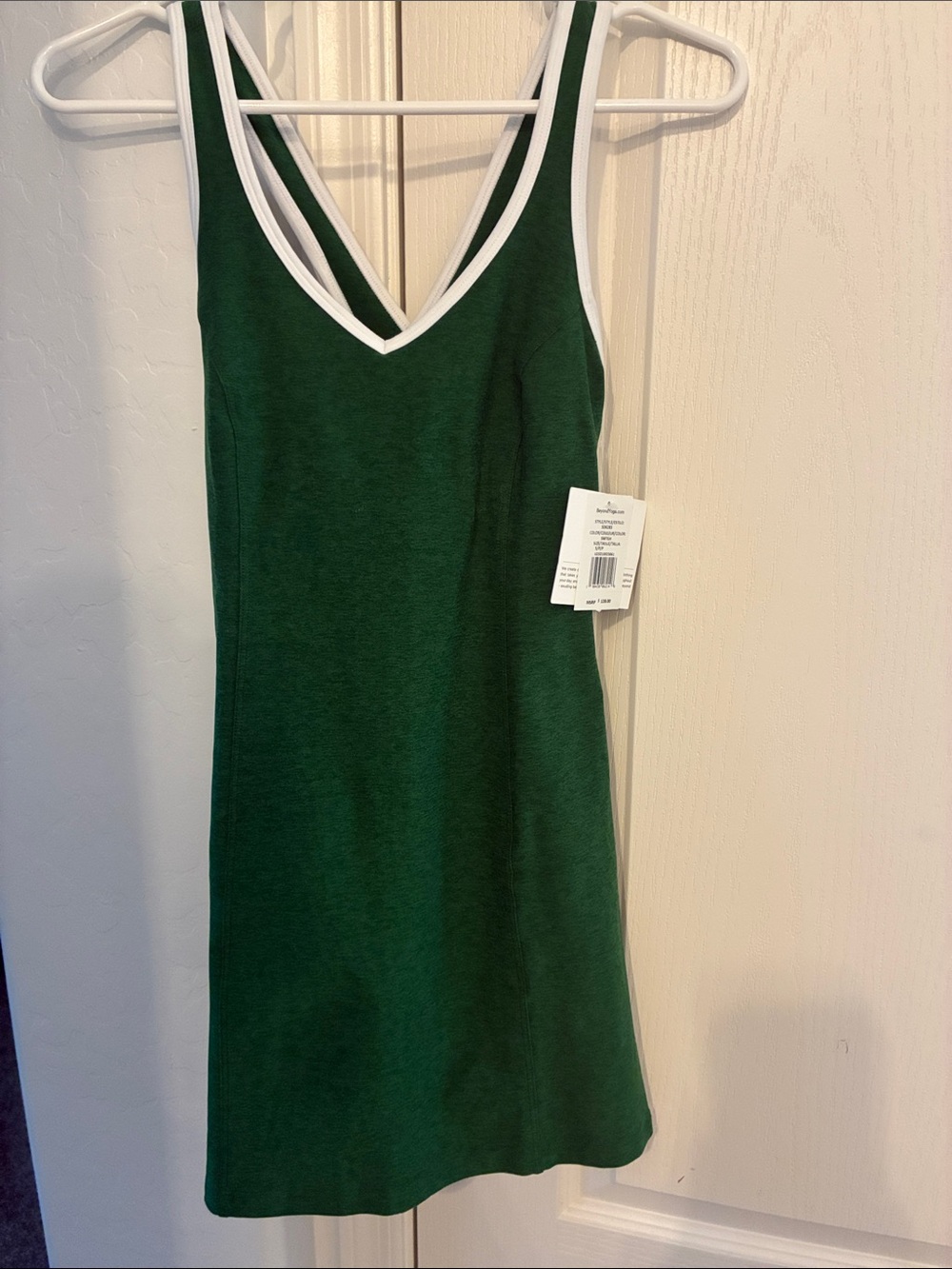 Beyond Yoga Forest Green V-Neck Tank Dress with White Trim